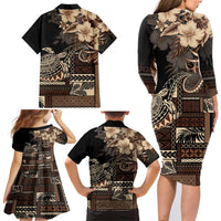 Vaiaso o le Gagana Samoa Family Matching Long Sleeve Bodycon Dress and Hawaiian Shirt Siapo Motif Black