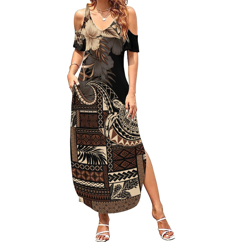 Vaiaso o le Gagana Samoa Family Matching Summer Maxi Dress and Hawaiian Shirt Siapo Motif Black