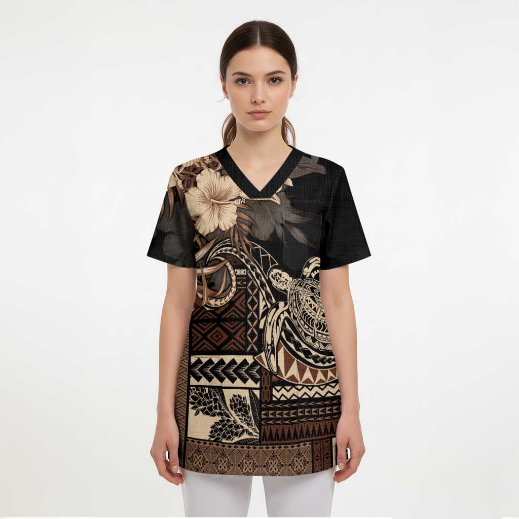 Vaiaso o le Gagana Samoa Scrub Top Siapo Motif Black - Polynesian Pride