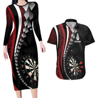 Personalized New Zealand Darts Couples Matching Long Sleeve Bodycon Dress and Hawaiian Shirt Kowhaiwhai Whero Koiri - Manaia