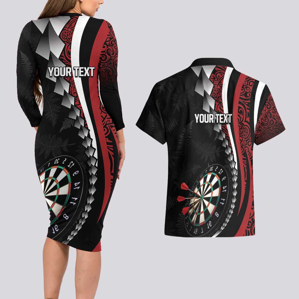 Personalized New Zealand Darts Couples Matching Long Sleeve Bodycon Dress and Hawaiian Shirt Kowhaiwhai Whero Koiri - Manaia