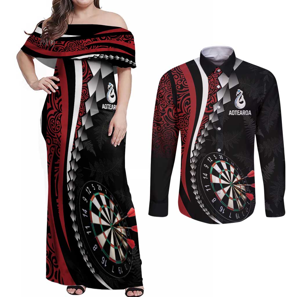 Personalized New Zealand Darts Couples Matching Off Shoulder Maxi Dress and Long Sleeve Button Shirt Kowhaiwhai Whero Koiri - Manaia