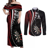 Personalized New Zealand Darts Couples Matching Off Shoulder Maxi Dress and Long Sleeve Button Shirt Kowhaiwhai Whero Koiri - Manaia LT7 Red - Polynesian Pride