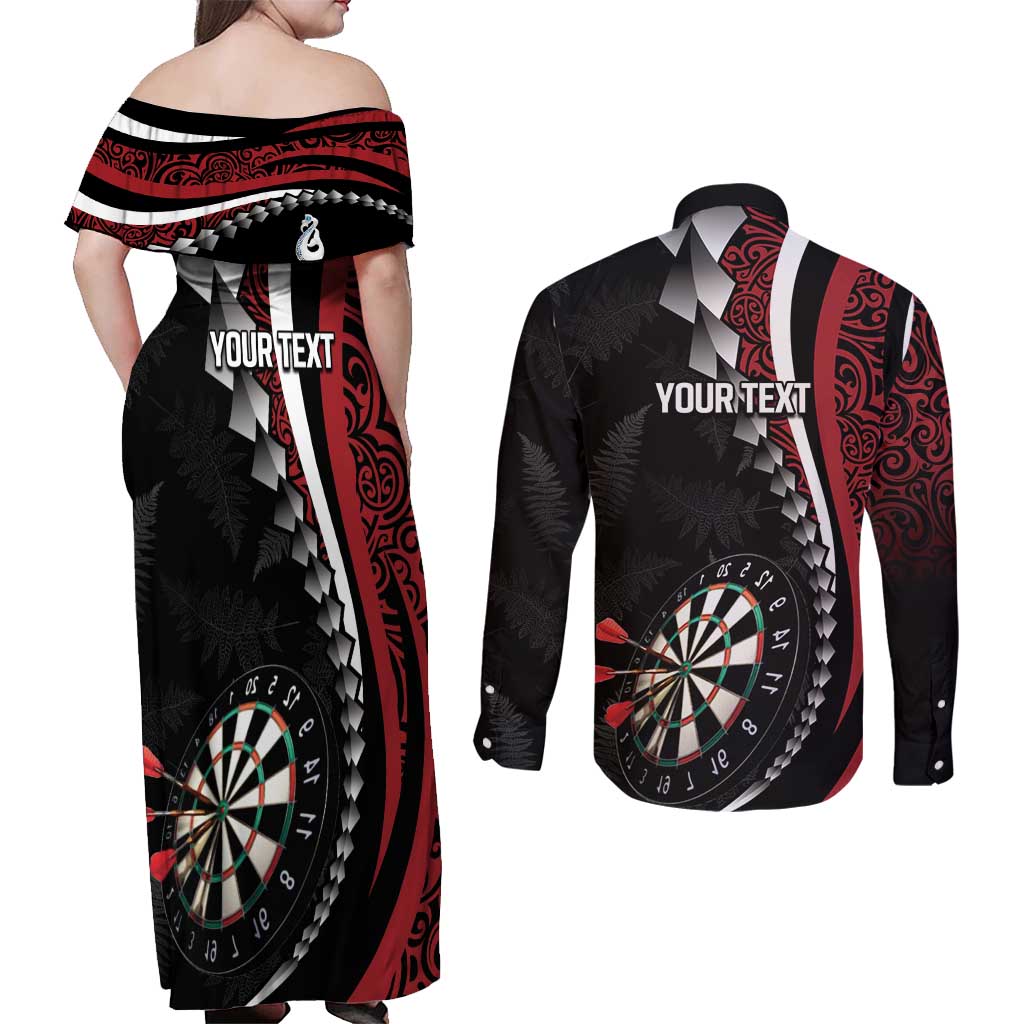Personalized New Zealand Darts Couples Matching Off Shoulder Maxi Dress and Long Sleeve Button Shirt Kowhaiwhai Whero Koiri - Manaia LT7 - Polynesian Pride