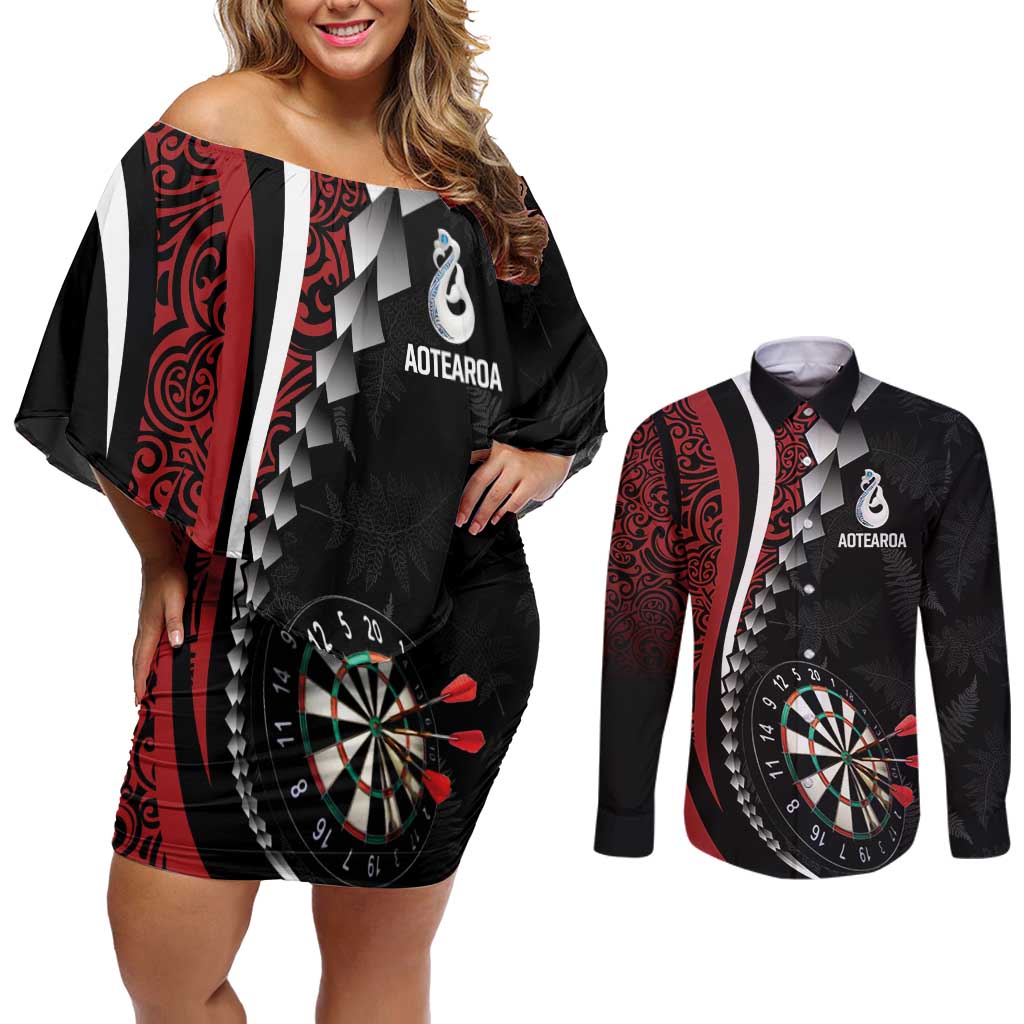 Personalized New Zealand Darts Couples Matching Off Shoulder Short Dress and Long Sleeve Button Shirt Kowhaiwhai Whero Koiri - Manaia