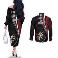 Personalized New Zealand Darts Couples Matching Off The Shoulder Long Sleeve Dress and Long Sleeve Button Shirt Kowhaiwhai Whero Koiri - Manaia LT7 - Polynesian Pride