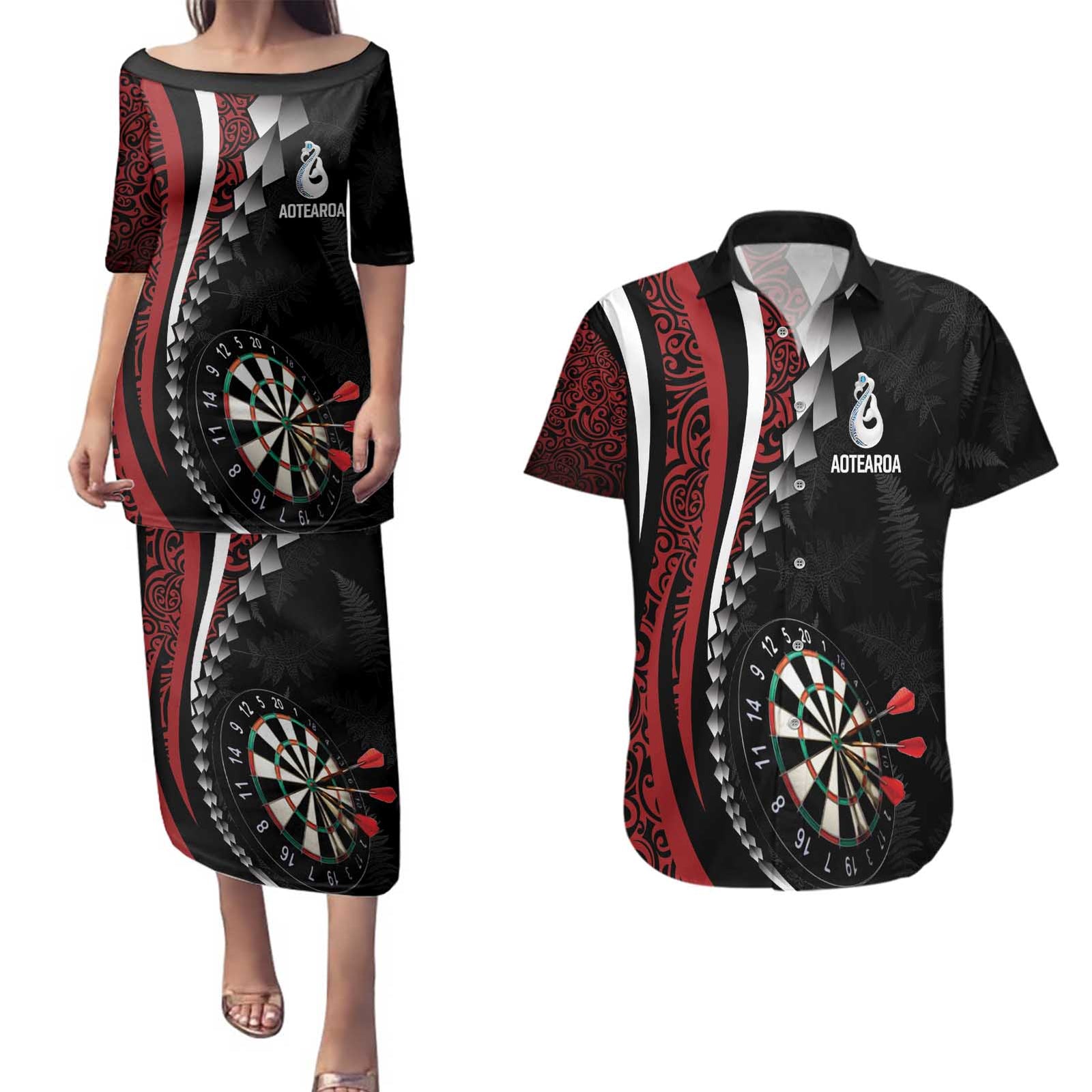 Personalized New Zealand Darts Couples Matching Puletasi and Hawaiian Shirt Kowhaiwhai Whero Koiri - Manaia