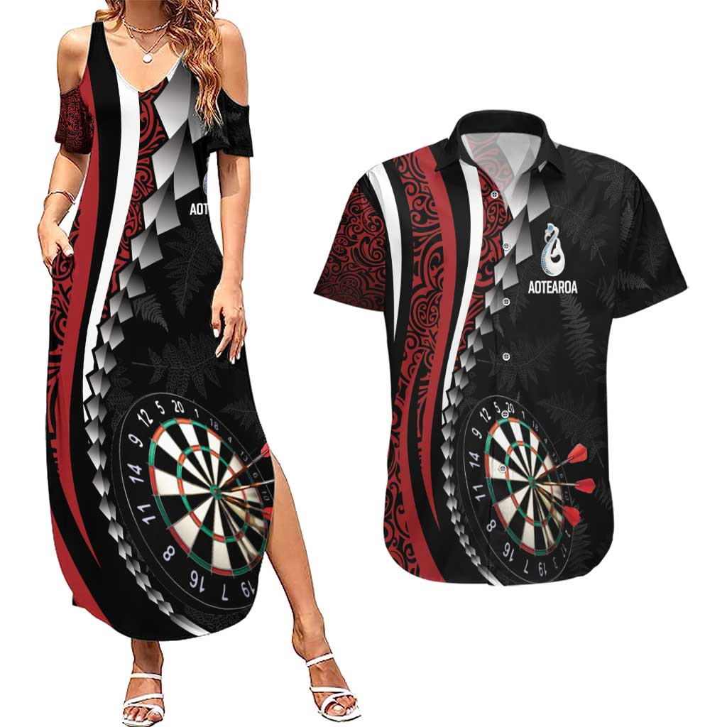 Personalized New Zealand Darts Couples Matching Summer Maxi Dress and Hawaiian Shirt Kowhaiwhai Whero Koiri - Manaia