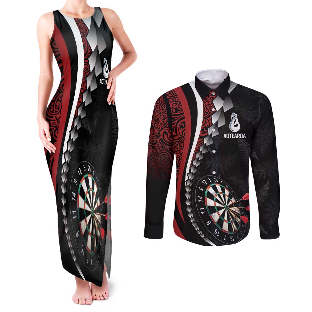 Personalized New Zealand Darts Couples Matching Tank Maxi Dress and Long Sleeve Button Shirt Kowhaiwhai Whero Koiri - Manaia