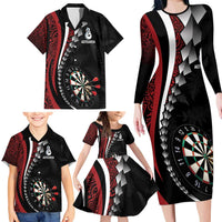 Personalized New Zealand Darts Family Matching Long Sleeve Bodycon Dress and Hawaiian Shirt Kowhaiwhai Whero Koiri - Manaia