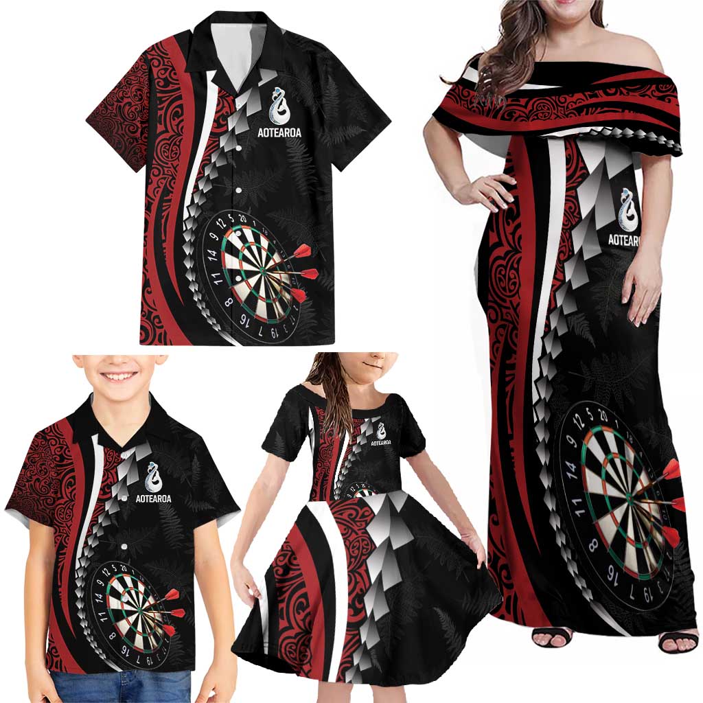 Personalized New Zealand Darts Family Matching Off Shoulder Maxi Dress and Hawaiian Shirt Kowhaiwhai Whero Koiri - Manaia