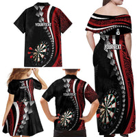 Personalized New Zealand Darts Family Matching Off Shoulder Maxi Dress and Hawaiian Shirt Kowhaiwhai Whero Koiri - Manaia
