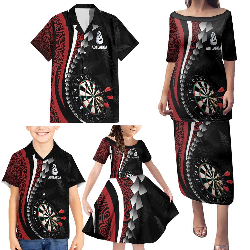 Personalized New Zealand Darts Family Matching Puletasi and Hawaiian Shirt Kowhaiwhai Whero Koiri - Manaia