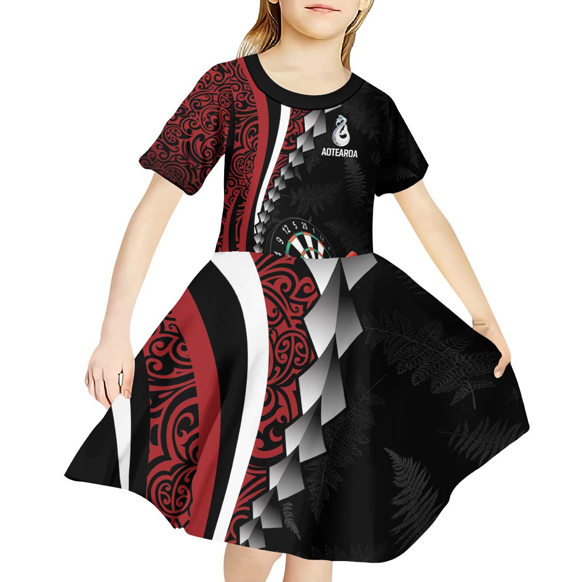 Personalized New Zealand Darts Kid Short Sleeve Dress Kowhaiwhai Whero Koiri - Manaia