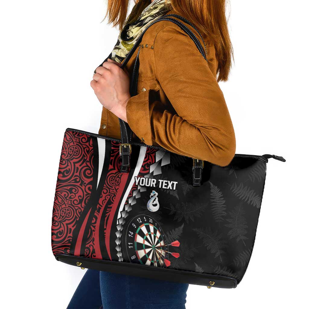 Personalized New Zealand Darts Leather Tote Bag Kowhaiwhai Whero Koiri - Manaia