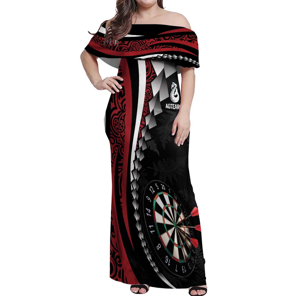 Personalized New Zealand Darts Off Shoulder Maxi Dress Kowhaiwhai Whero Koiri - Manaia