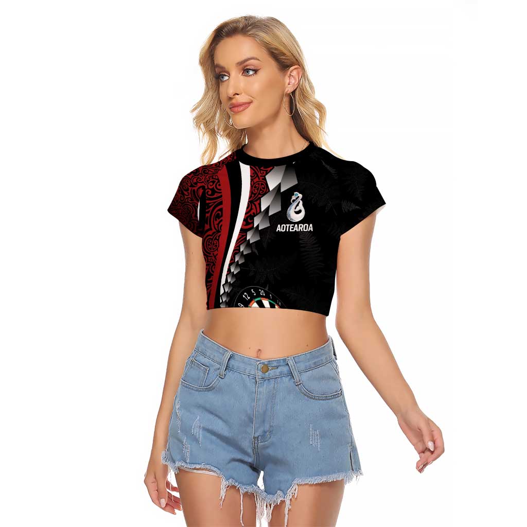 Personalized New Zealand Darts Raglan Cropped T Shirt Kowhaiwhai Whero Koiri - Manaia