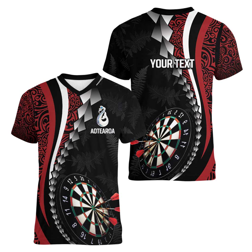 Personalized New Zealand Darts Women V-Neck T-Shirt Kowhaiwhai Whero Koiri - Manaia LT7 - Polynesian Pride