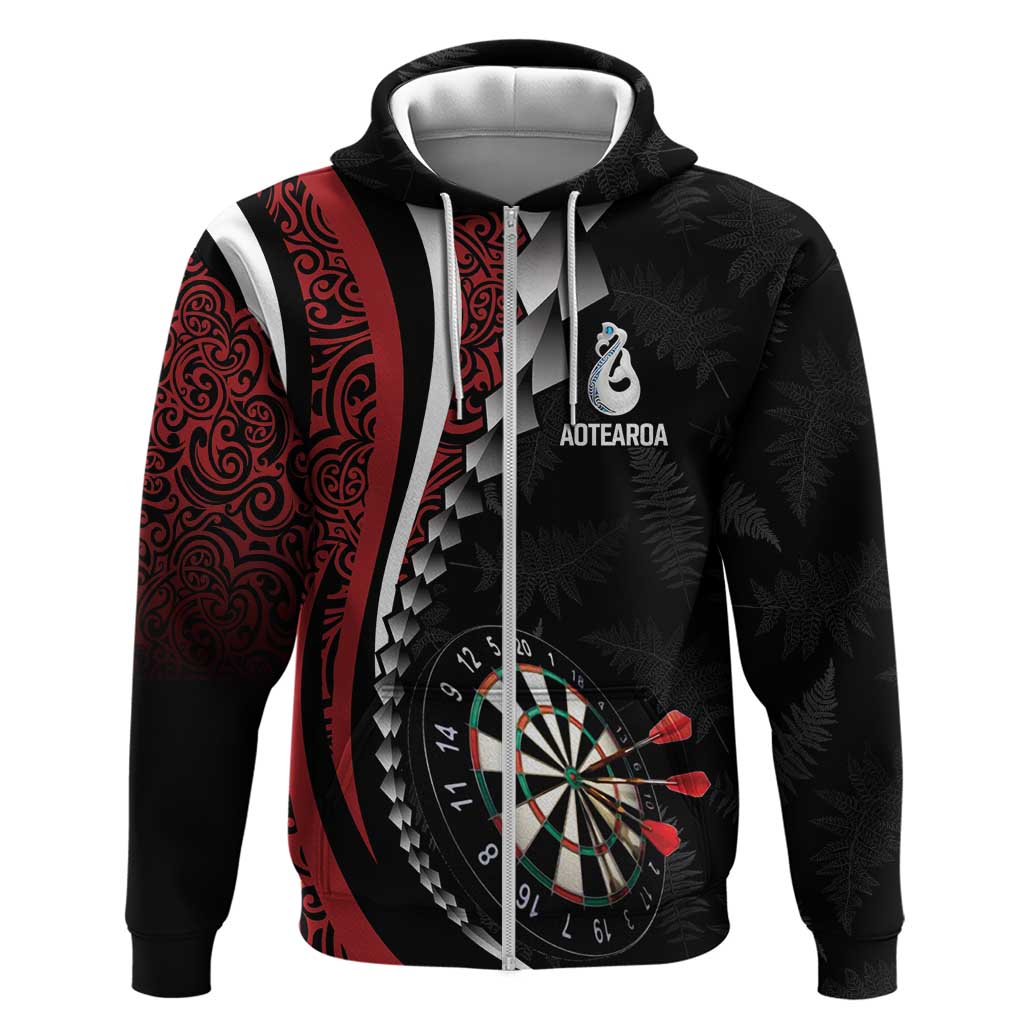 Personalized New Zealand Darts Zip Hoodie Kowhaiwhai Whero Koiri - Manaia LT7 Zip Hoodie Red - Polynesian Pride