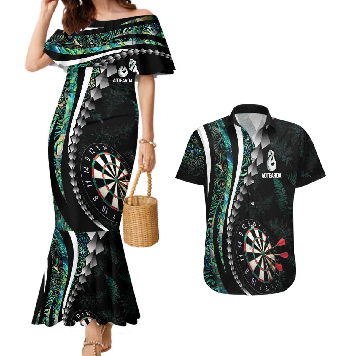 Personalized New Zealand Darts Couples Matching Mermaid Dress and Hawaiian Shirt Paua Shell Koiri - Manaia