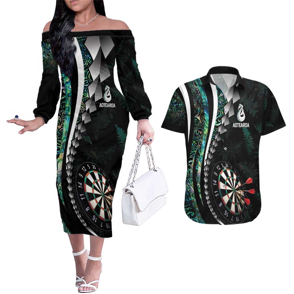 Personalized New Zealand Darts Couples Matching Off The Shoulder Long Sleeve Dress and Hawaiian Shirt Paua Shell Koiri - Manaia