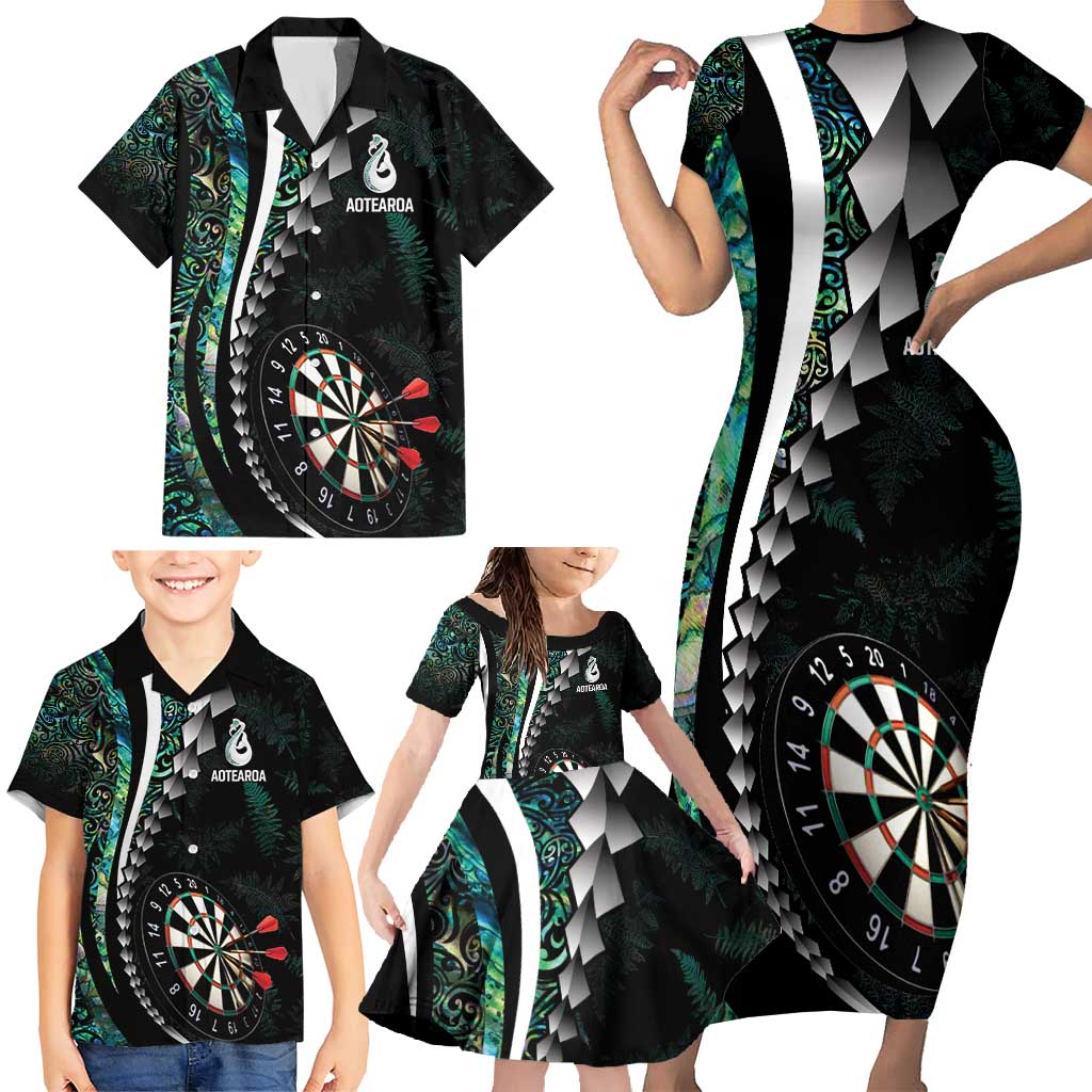 Personalized New Zealand Darts Family Matching Short Sleeve Bodycon Dress and Hawaiian Shirt Paua Shell Koiri - Manaia