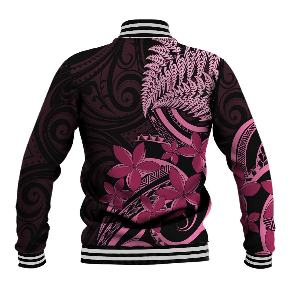 Aotearoa Maori Baseball Jacket Pink Fern Ribbons on Black - Polynesian Pride