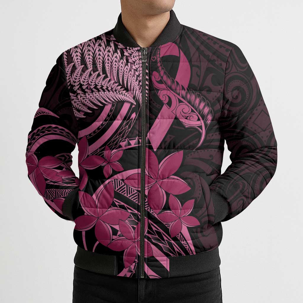 Aotearoa Maori Bomber Puffer Jacket Pink Fern Ribbons on Black - Polynesian Pride