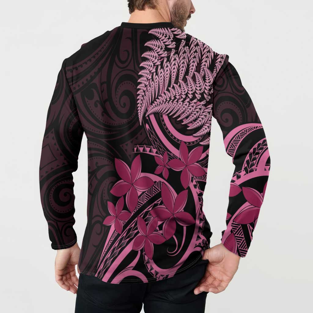 Aotearoa Maori Button Sweatshirt Pink Fern Ribbons on Black - Polynesian Pride