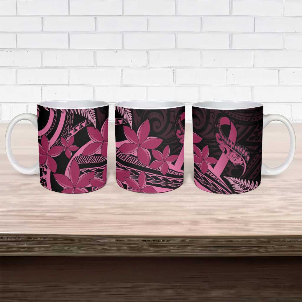 Aotearoa Maori Ceramic Mug Pink Fern Ribbons on Black - Polynesian Pride
