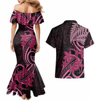 Aotearoa Maori Couples Matching Mermaid Dress and Hawaiian Shirt Pink Fern Ribbons on Black - Polynesian Pride