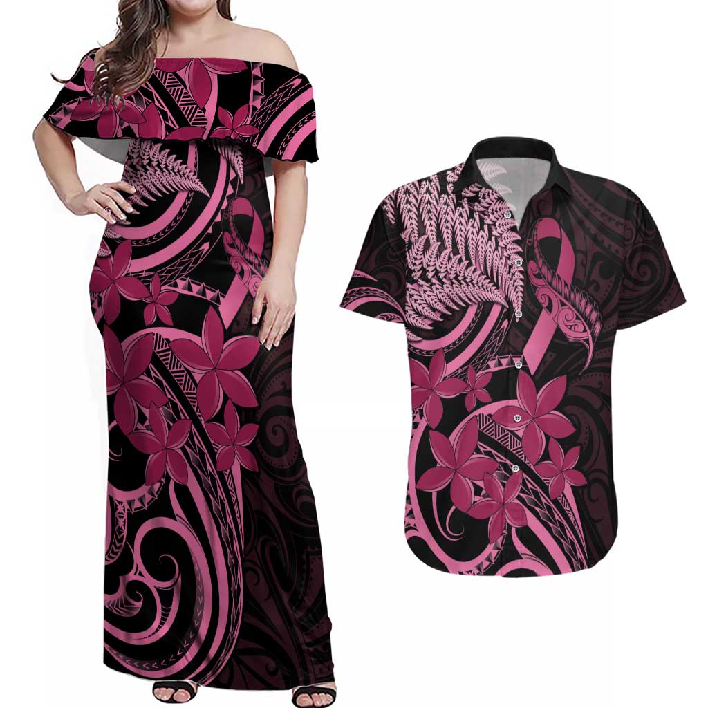 Aotearoa Maori Couples Matching Off Shoulder Maxi Dress and Hawaiian Shirt Pink Fern Ribbons on Black - Polynesian Pride