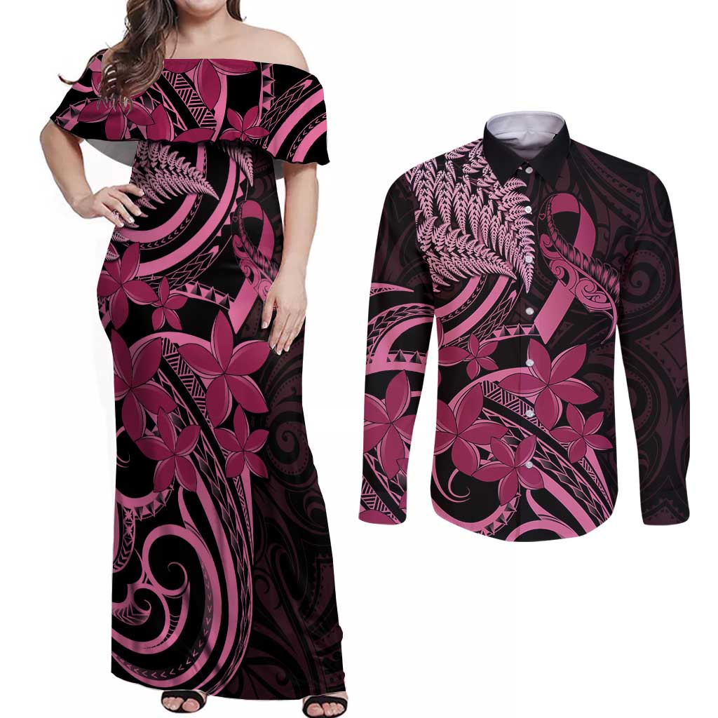 Aotearoa Maori Couples Matching Off Shoulder Maxi Dress and Long Sleeve Button Shirt Pink Fern Ribbons on Black - Polynesian Pride