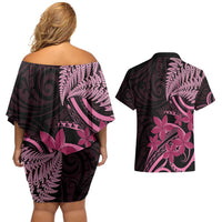 Aotearoa Maori Couples Matching Off Shoulder Short Dress and Hawaiian Shirt Pink Fern Ribbons on Black - Polynesian Pride
