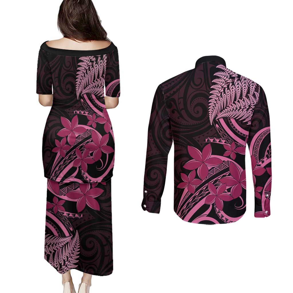 Aotearoa Maori Couples Matching Puletasi and Long Sleeve Button Shirt Pink Fern Ribbons on Black - Polynesian Pride