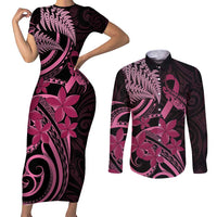 Aotearoa Maori Couples Matching Short Sleeve Bodycon Dress and Long Sleeve Button Shirt Pink Fern Ribbons on Black - Polynesian Pride