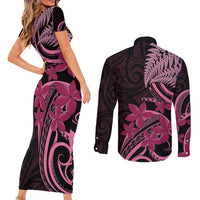 Aotearoa Maori Couples Matching Short Sleeve Bodycon Dress and Long Sleeve Button Shirt Pink Fern Ribbons on Black - Polynesian Pride
