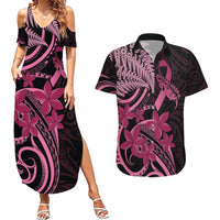 Aotearoa Maori Couples Matching Summer Maxi Dress and Hawaiian Shirt Pink Fern Ribbons on Black - Polynesian Pride
