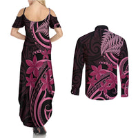 Aotearoa Maori Couples Matching Summer Maxi Dress and Long Sleeve Button Shirt Pink Fern Ribbons on Black - Polynesian Pride