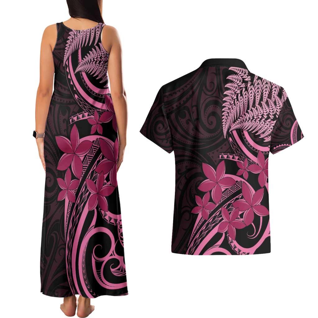 Aotearoa Maori Couples Matching Tank Maxi Dress and Hawaiian Shirt Pink Fern Ribbons on Black - Polynesian Pride