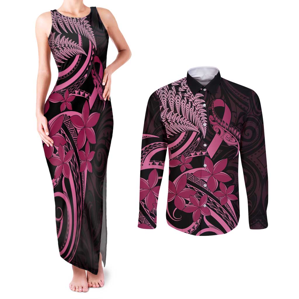 Aotearoa Maori Couples Matching Tank Maxi Dress and Long Sleeve Button Shirt Pink Fern Ribbons on Black - Polynesian Pride