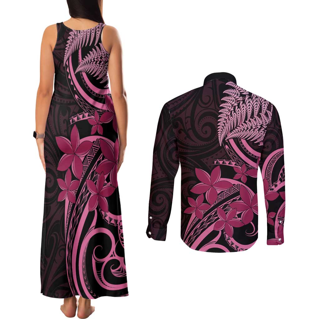 Aotearoa Maori Couples Matching Tank Maxi Dress and Long Sleeve Button Shirt Pink Fern Ribbons on Black - Polynesian Pride