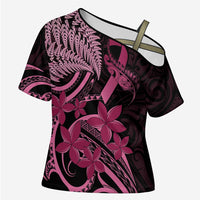 Aotearoa Maori Cross Shoulder Shirt Pink Fern Ribbons on Black - Polynesian Pride