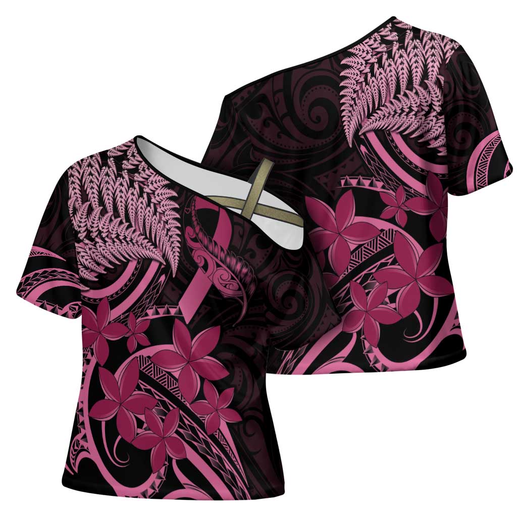 Aotearoa Maori Cross Shoulder Shirt Pink Fern Ribbons on Black - Polynesian Pride
