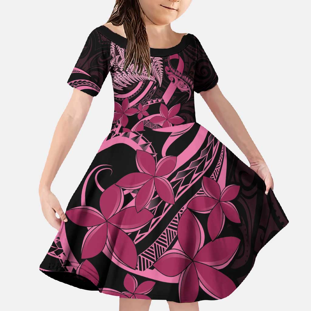 Aotearoa Maori Family Matching Long Sleeve Bodycon Dress and Hawaiian Shirt Pink Fern Ribbons on Black LT7 Daughter's Dress Black - Polynesian Pride