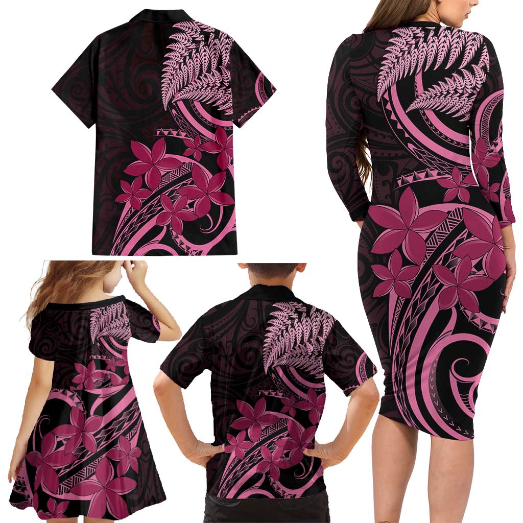 Aotearoa Maori Family Matching Long Sleeve Bodycon Dress and Hawaiian Shirt Pink Fern Ribbons on Black LT7 - Polynesian Pride