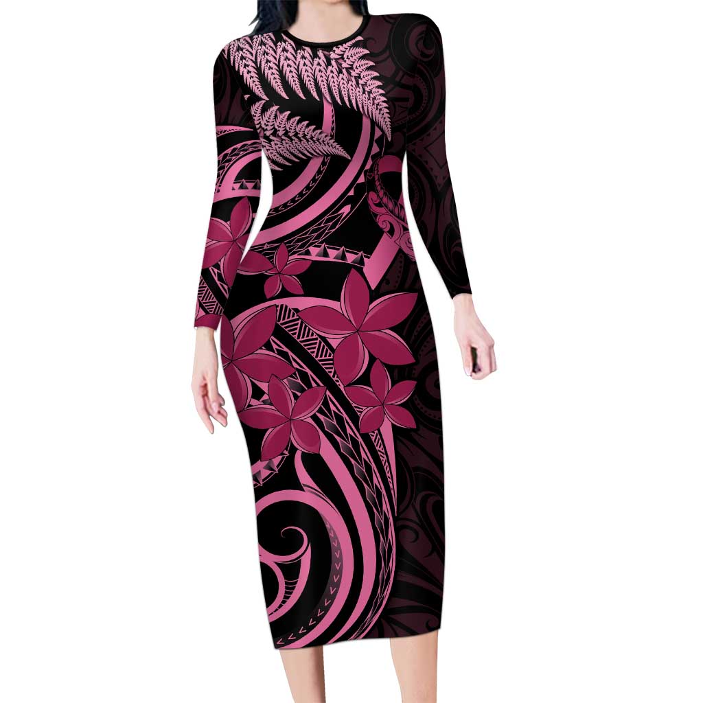 Aotearoa Maori Family Matching Long Sleeve Bodycon Dress and Hawaiian Shirt Pink Fern Ribbons on Black LT7 Mom's Dress Black - Polynesian Pride