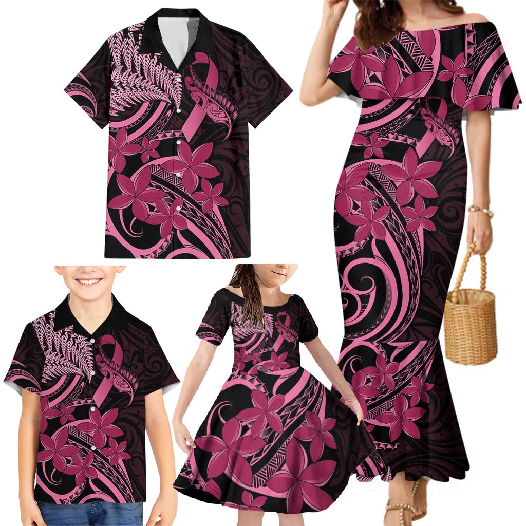 Aotearoa Maori Family Matching Mermaid Dress and Hawaiian Shirt Pink Fern Ribbons on Black LT7 - Polynesian Pride
