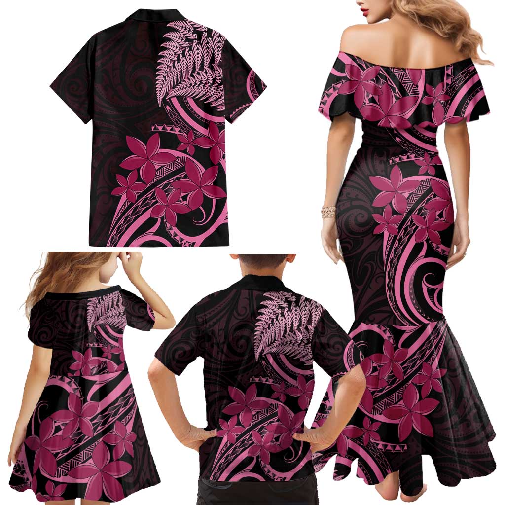 Aotearoa Maori Family Matching Mermaid Dress and Hawaiian Shirt Pink Fern Ribbons on Black LT7 - Polynesian Pride