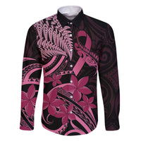 Aotearoa Maori Family Matching Off The Shoulder Long Sleeve Dress and Hawaiian Shirt Pink Fern Ribbons on Black - Polynesian Pride